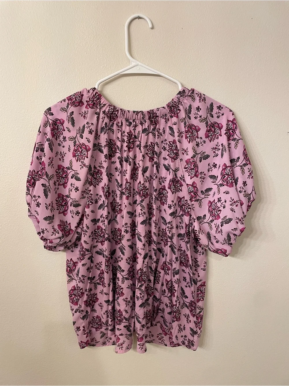 LOFT Pink-purple Floral Ruffle V-Neck Puff Sleeve Blouse